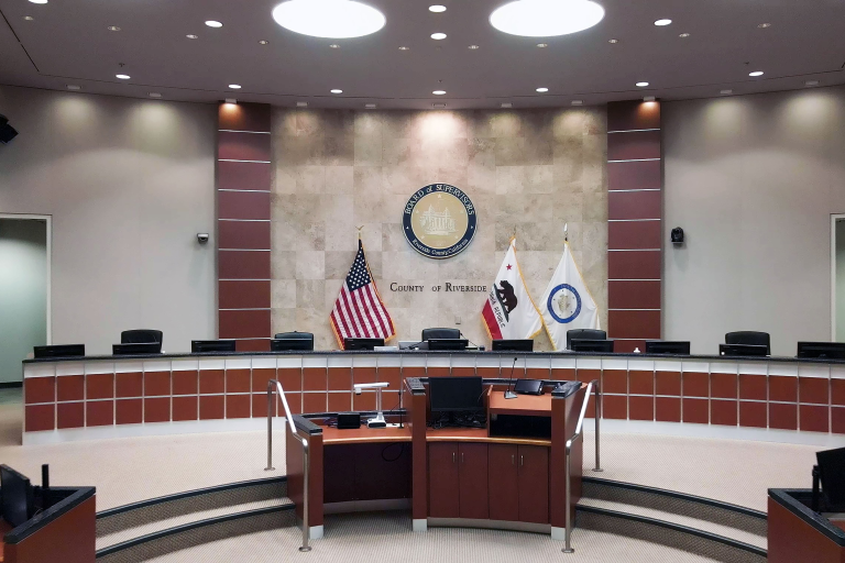 View of the dias of the County of Riverside Board Hearing Room